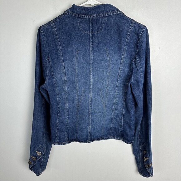 VTG Rave Denim Jacket Junior Sz Med Blue Long-Sleeve Embroidery Pocket Crop 90s - Picture 5 of 10